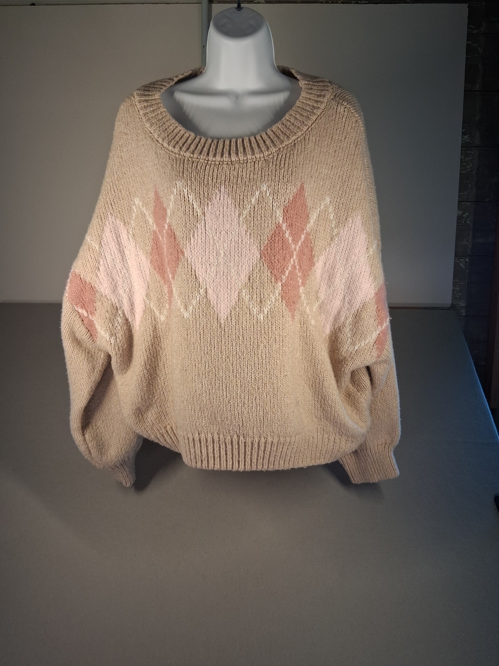 Vintage Hippie Rose Cream Sweater with Pink Argyle Accents